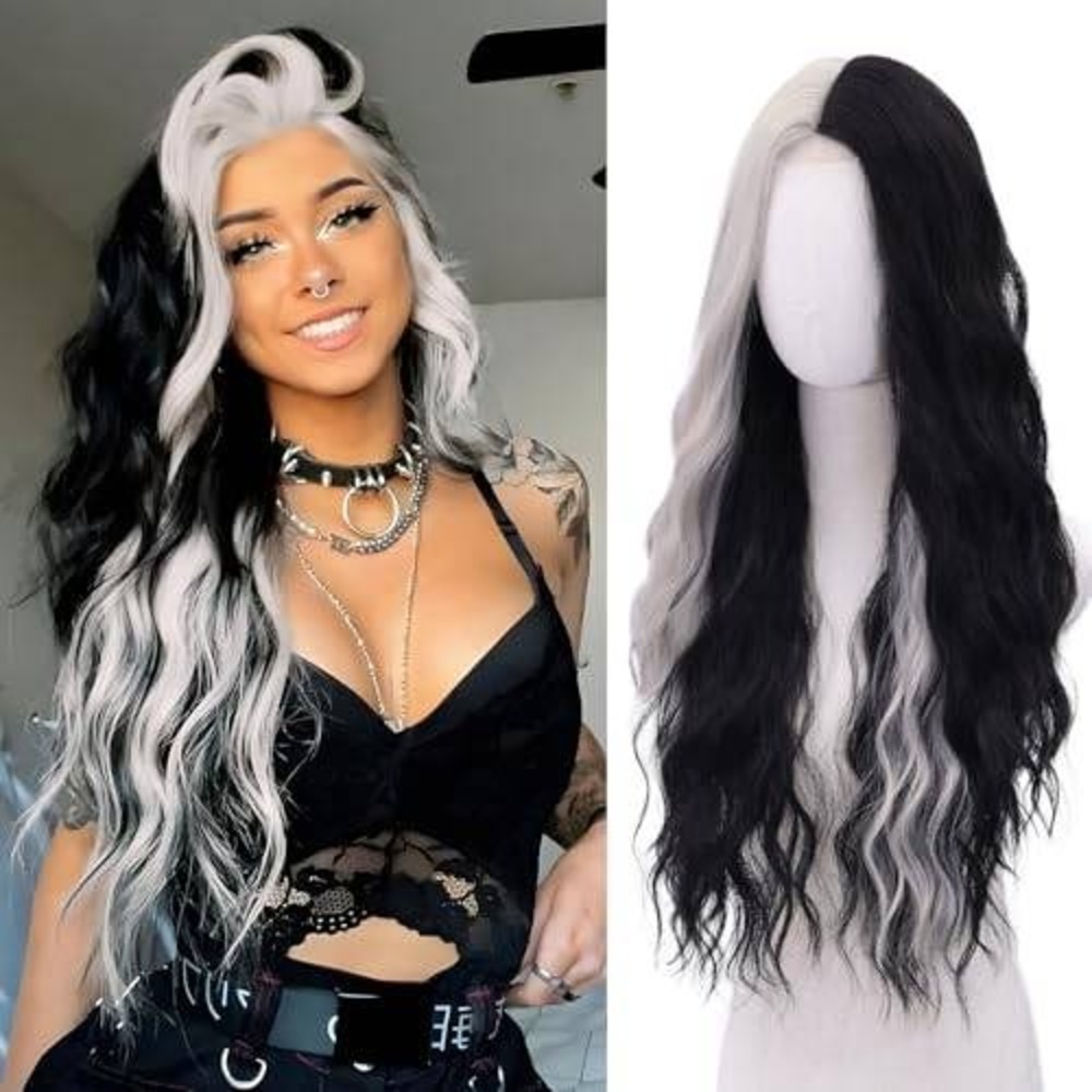 Black‎ and White Split Dye Long Wavy Synthetic Wig Two Tone Cosplay Hairpiece